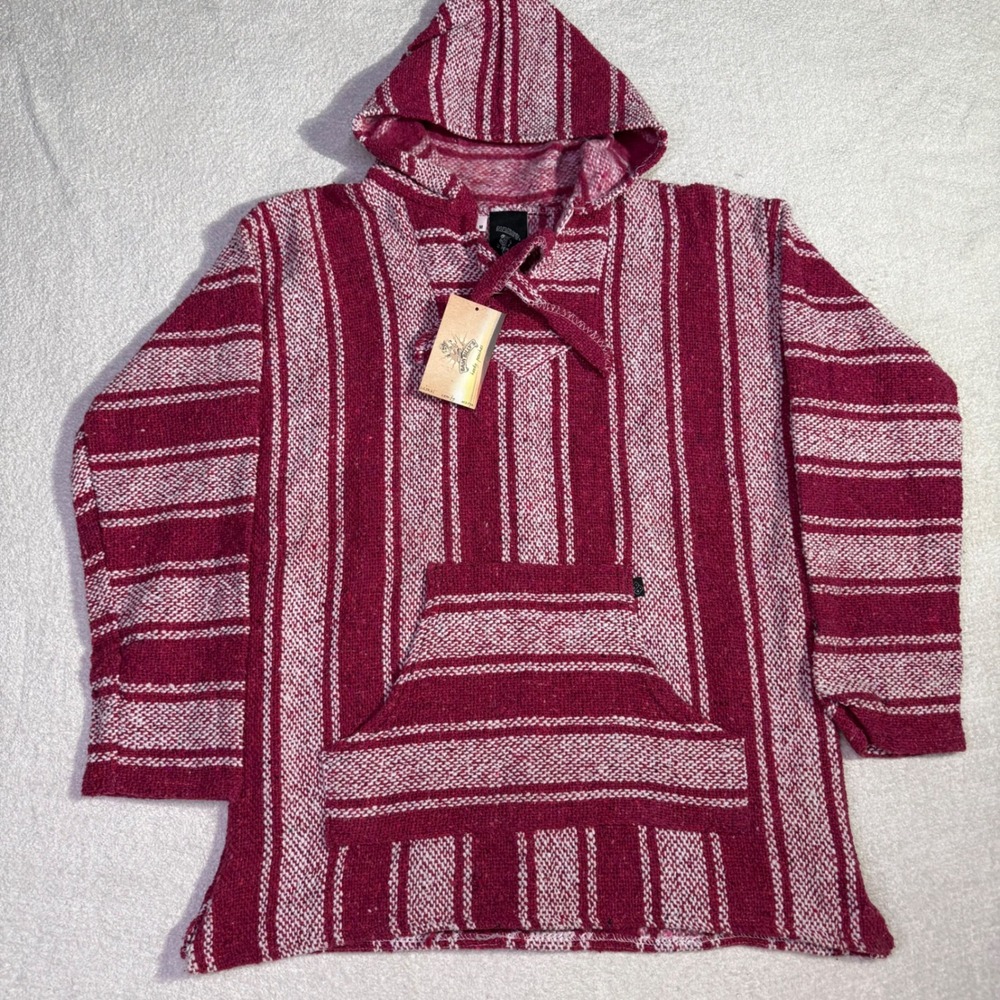 NWT Baja Billy's Baja Hoodie Mens M Red White Striped Drug Rug Woven Pullover